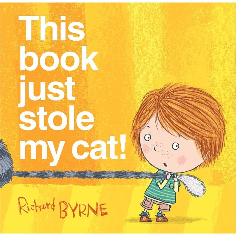 "This Book Just Stole My Cat!" book cover with a surprised boy holding a cat's tail.